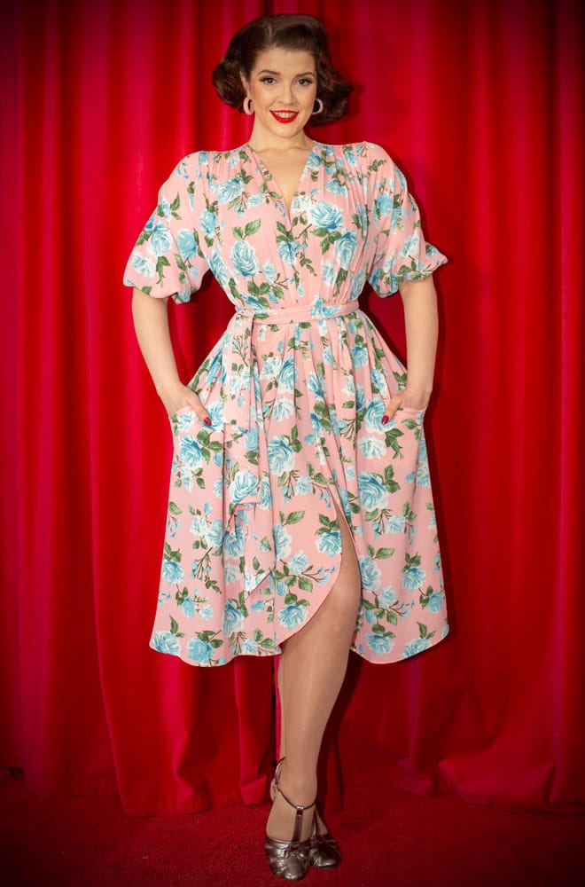 Pink Rose Claudia Dress - a 40s style, one-size crepe dress with sash waist & balloon sleeves. A signature piece by Alexandra King for Deadly is the Female