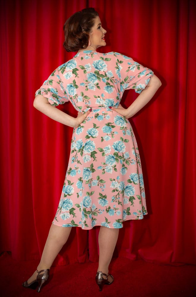 Pink Rose Claudia Dress - a 40s style, one-size crepe dress with sash waist & balloon sleeves. A signature piece by Alexandra King for Deadly is the Female