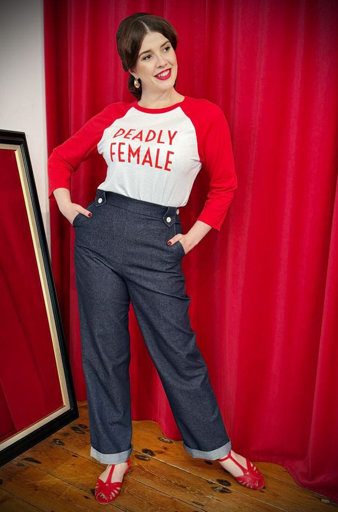 Effortless vintage style, inspired by a true icon. The Monroe Denim High Waisted Trousers are a modern tribute to the timeless glamour of Marilyn Monroe.