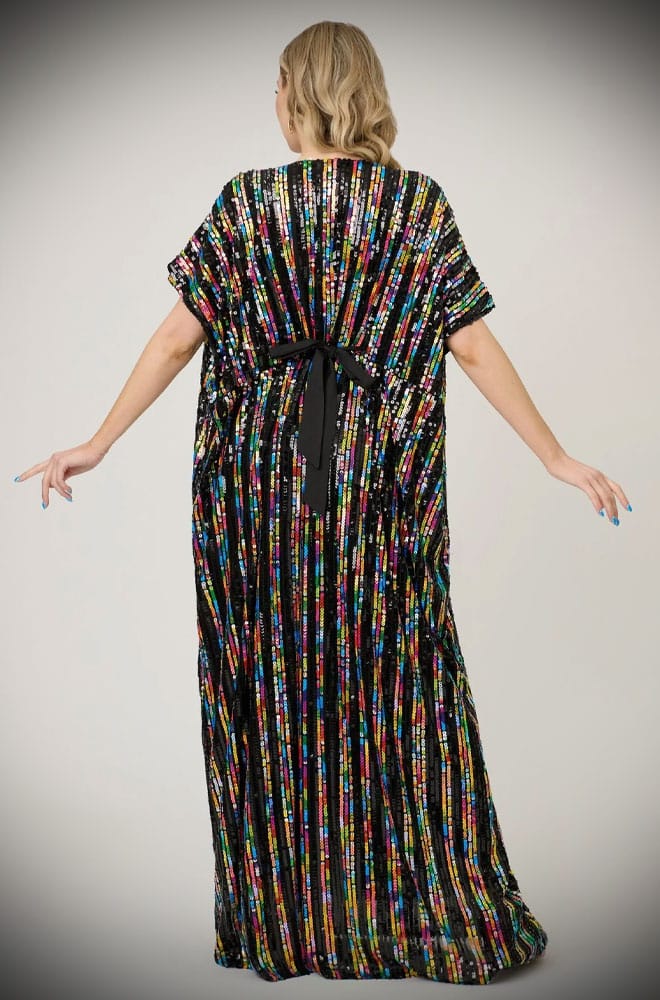 Rainbow Sequin Caftan - a 70s style Caftan. Dance the night away in comfort in this striking dress. So much fun & glamour, all wrapped into one.