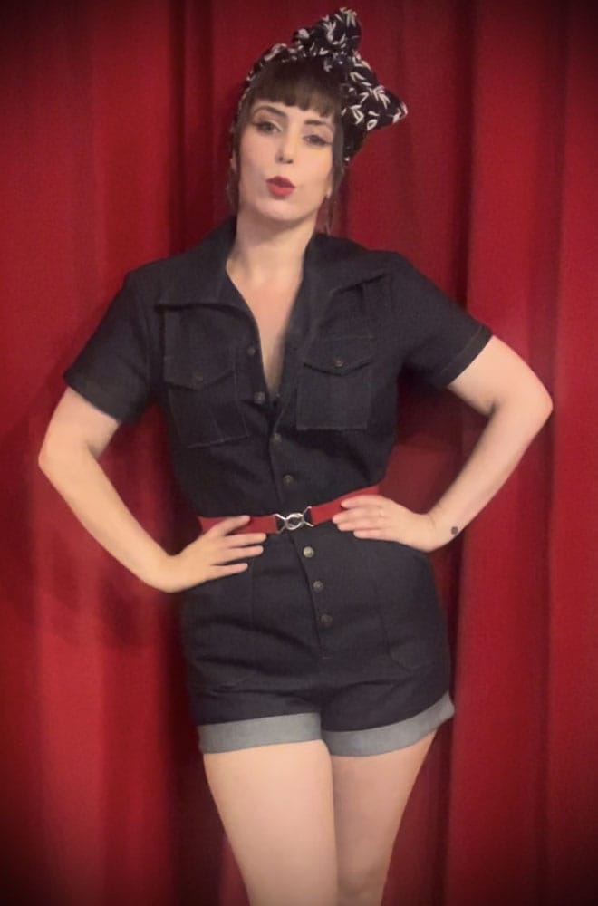 The Denim Romper is a midcentury-inspired all-in-one. It is fabulously saucy while incredibly wearable! Dark Blue denim for a 1940s feel.