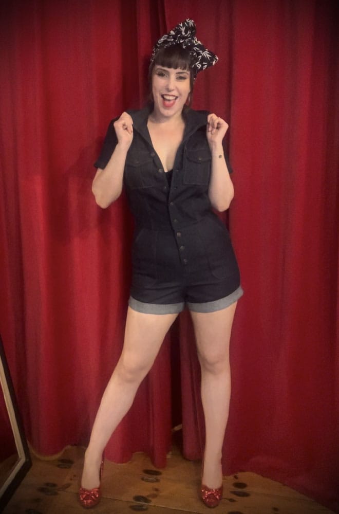 The Denim Romper is a midcentury-inspired all-in-one. It is fabulously saucy while incredibly wearable! Dark Blue denim for a 1940s feel.