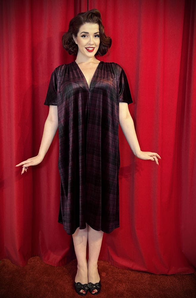 Tartan Velvet Claudia Dress - a vintage-inspired evening dress with a sash waist. A signature piece by Alexandra King for Deadly is the Female.