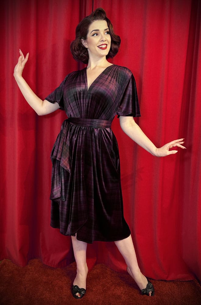 Tartan Velvet Claudia Dress - a vintage-inspired evening dress with a sash waist. A signature piece by Alexandra King for Deadly is the Female.