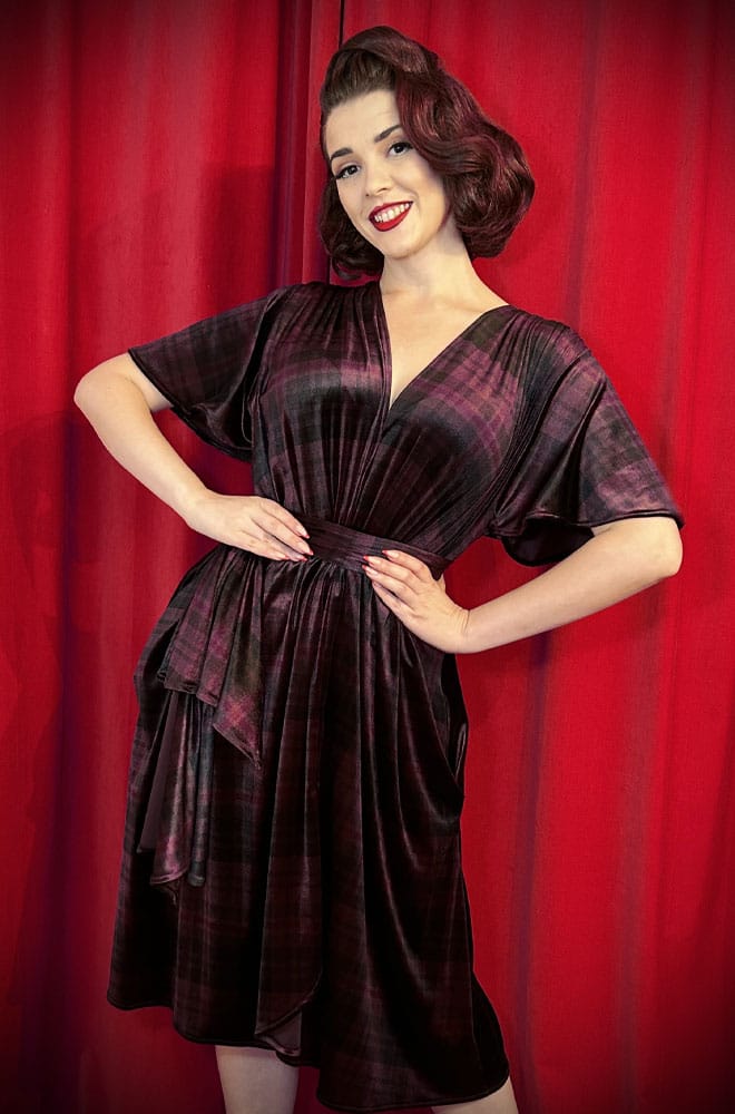 Tartan Velvet Claudia Dress - a vintage-inspired evening dress with a sash waist. A signature piece by Alexandra King for Deadly is the Female.