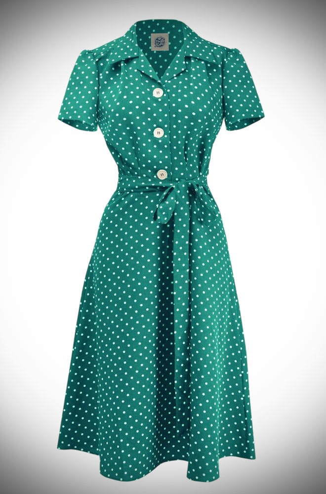 Green Polka Dot Shirt Dress - a timeless 1940s-inspired dress in beautiful polka dots with white buttons at DeadlyistheFemale.com