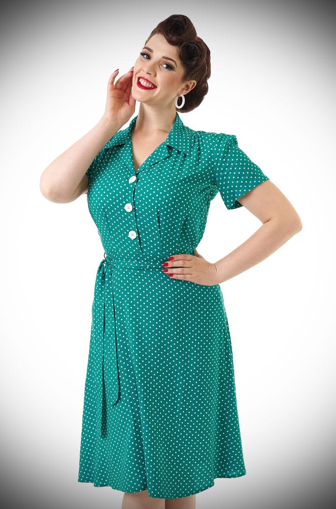 Green Polka Dot Shirt Dress - a timeless 1940s-inspired dress in beautiful polka dots with white buttons at DeadlyistheFemale.com