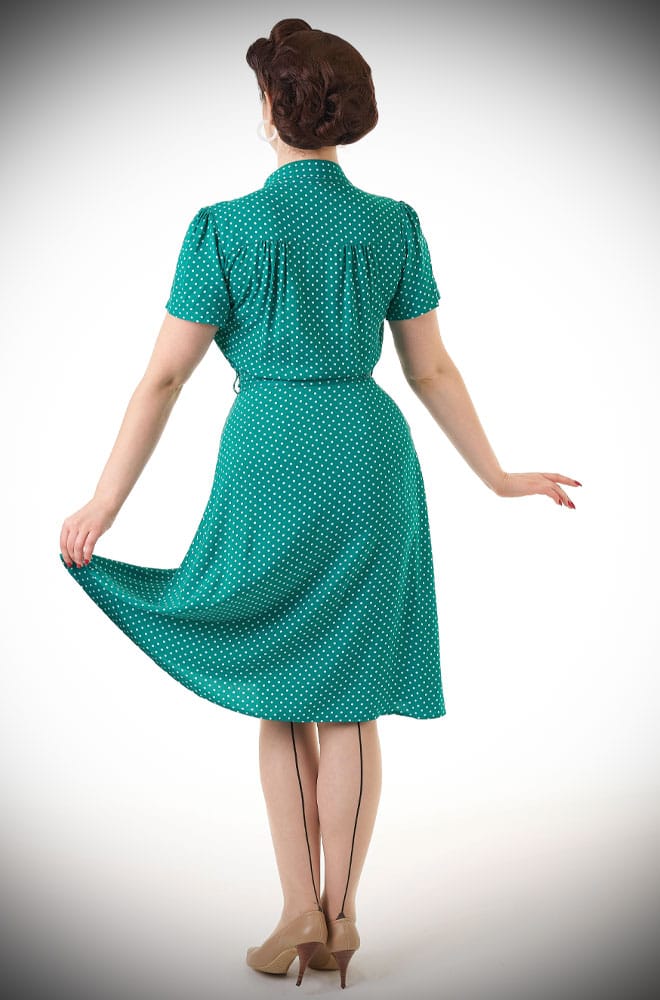 Green Polka Dot Shirt Dress - a timeless 1940s-inspired dress in beautiful polka dots with white buttons at DeadlyistheFemale.com