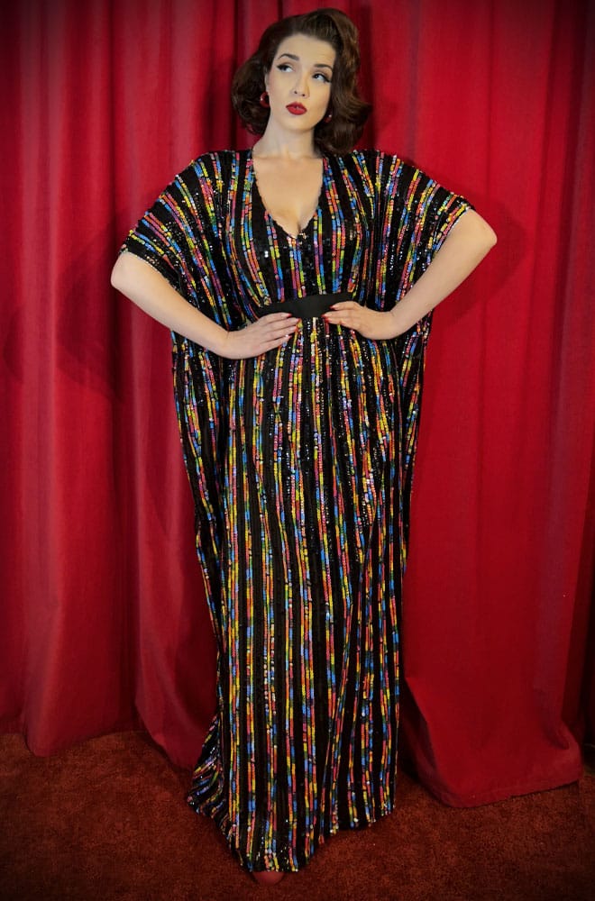 Rainbow Sequin Caftan - a 70s style Caftan. Dance the night away in comfort in this striking dress. So much fun & glamour, all wrapped into one.