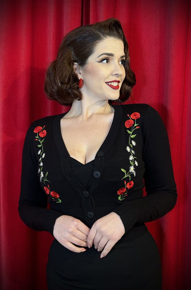 A chic vintage-inspired Floral Cardigan in the softest black knit with embroidered floral motif. Available now at Deadly is the Female