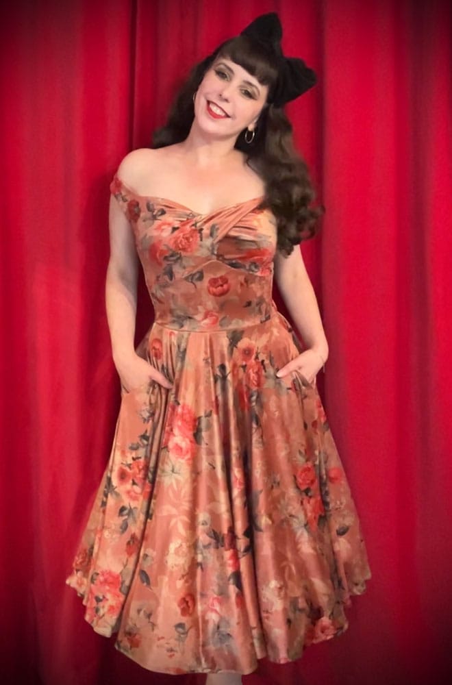 Autumn Rose Velvet Aurora Swing Dress - an iconic, vintage-inspired floral dress. A 50s old Hollywood glamour dress for Deadly is the Female. Handmade in UK