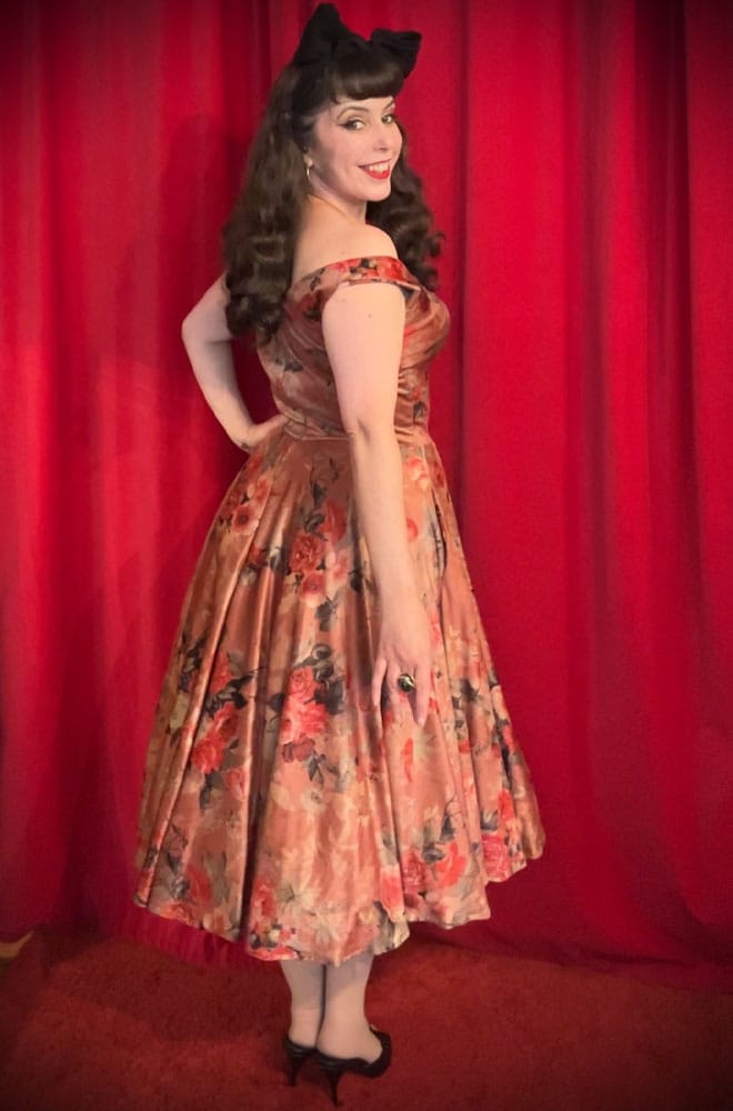 Autumn Rose Velvet Aurora Swing Dress - an iconic, vintage-inspired floral dress. A 50s old Hollywood glamour dress for Deadly is the Female. Handmade in UK