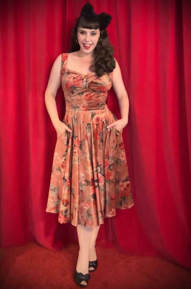 Autumn Rose Velvet Aurora Swing Dress - an iconic, vintage-inspired floral dress. A 50s old Hollywood glamour dress for Deadly is the Female. Handmade in UK