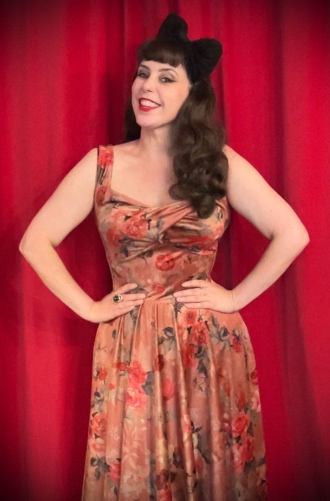 Autumn Rose Velvet Aurora Swing Dress - an iconic, vintage-inspired floral dress. A 50s old Hollywood glamour dress for Deadly is the Female. Handmade in UK