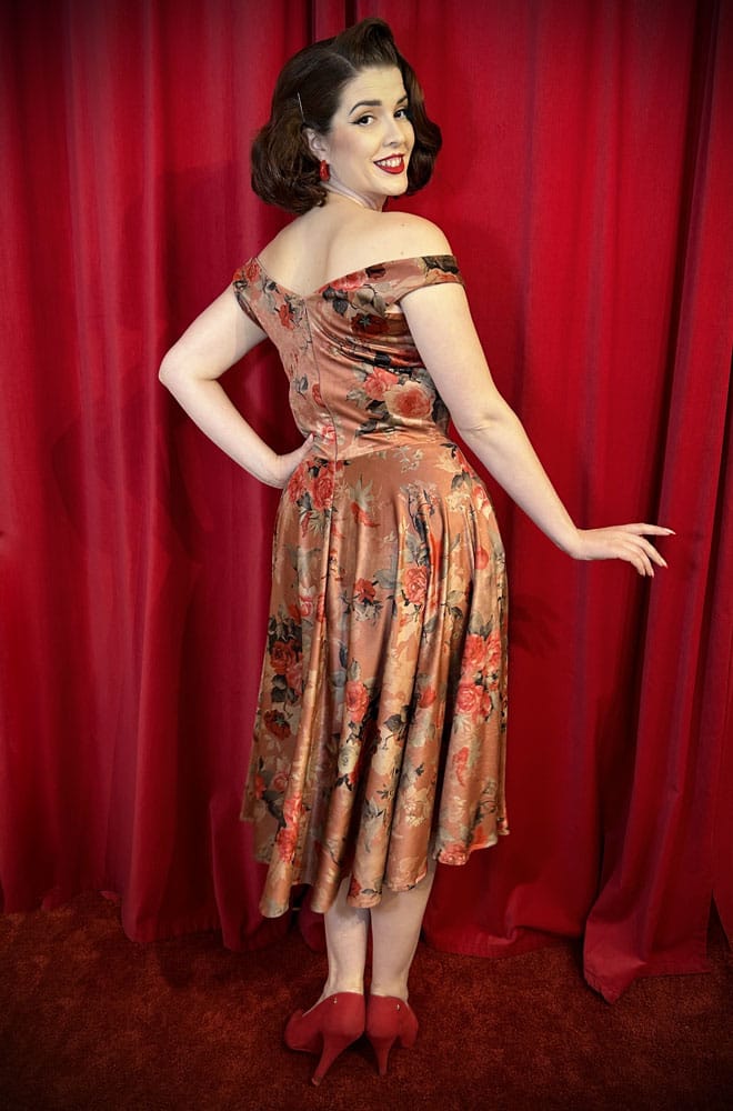 Autumn Rose Velvet Aurora Swing Dress - an iconic, vintage-inspired floral dress. A 50s old Hollywood glamour dress for Deadly is the Female. Handmade in UK
