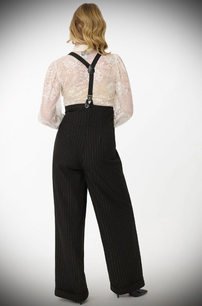 The Gold Pinstripe Thelma Trousers are timeless, high-waisted, wide-legged Trousers. We adore the Thirties feel of these and they are oh-so-versatile.