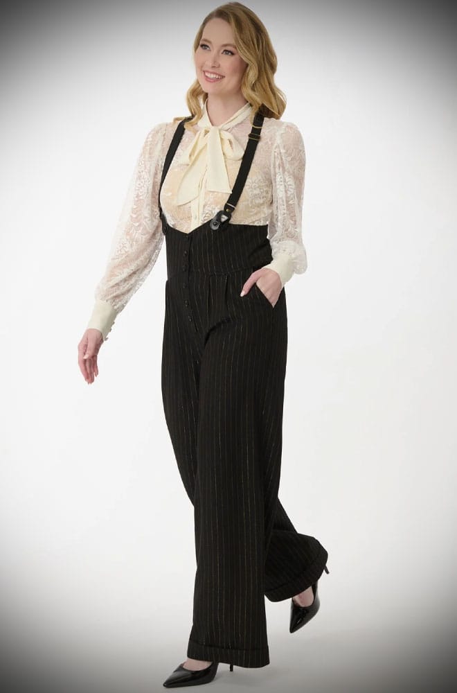 The Gold Pinstripe Thelma Trousers are timeless, high-waisted, wide-legged Trousers. We adore the Thirties feel of these and they are oh-so-versatile.