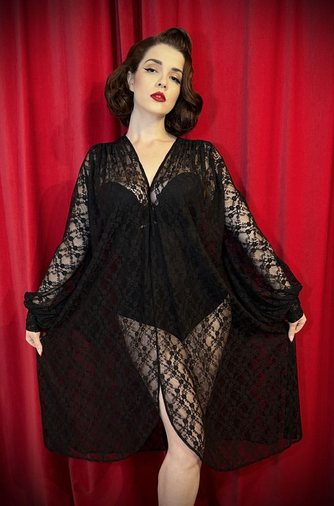 The Rose Lace Claudia Dress is a vintage inspired, draped dress with bishop sleeves. A signature piece by Alexandra King for Deadly is the Female.