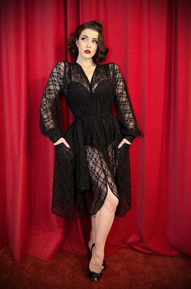 The Rose Lace Claudia Dress is a vintage inspired, draped dress with bishop sleeves. A signature piece by Alexandra King for Deadly is the Female.