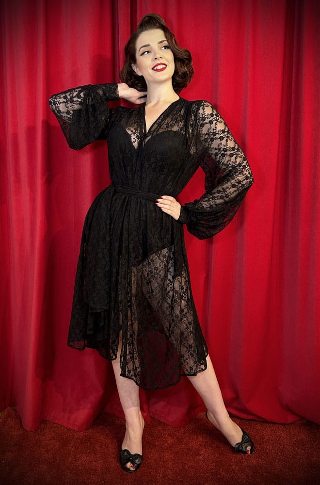 The Rose Lace Claudia Dress is a vintage inspired, draped dress with bishop sleeves. A signature piece by Alexandra King for Deadly is the Female.