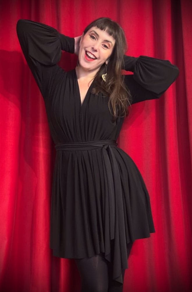The Claudina Mini Dress is a one size, draped jersey dress with sash waist & bishop sleeves. A signature piece by Alexandra King for Deadly is the Female.