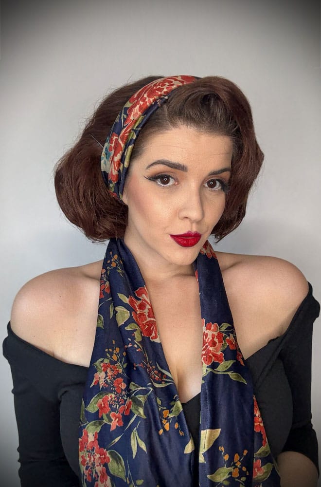 Navy Floral Velvet Hair Scarf - an extra large scarf. We LOVE a good hair scarf! They go with just about everything for an effortless vintage style.