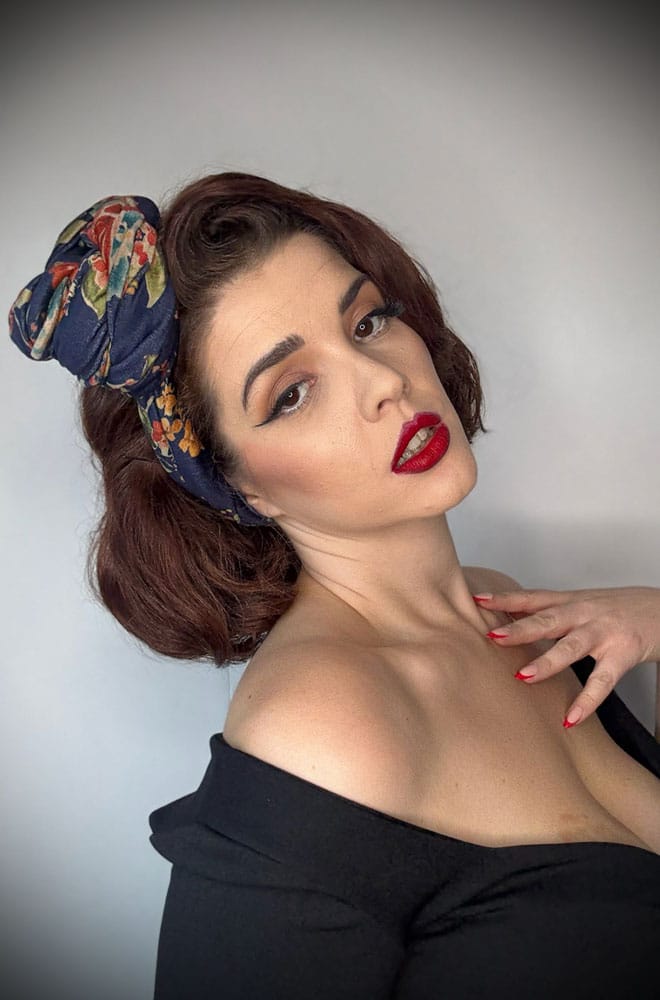 Navy Floral Velvet Hair Scarf - an extra large scarf. We LOVE a good hair scarf! They go with just about everything for an effortless vintage style.