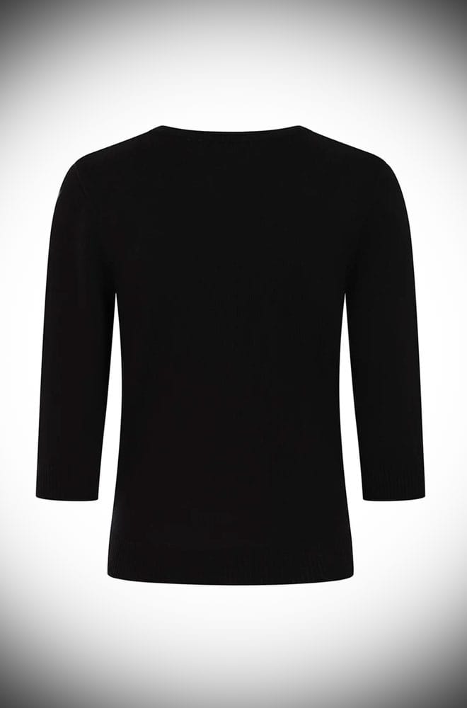A chic vintage-inspired Rose Cardigan in the softest black knit with embroidered rose motif & bow at the neck.
