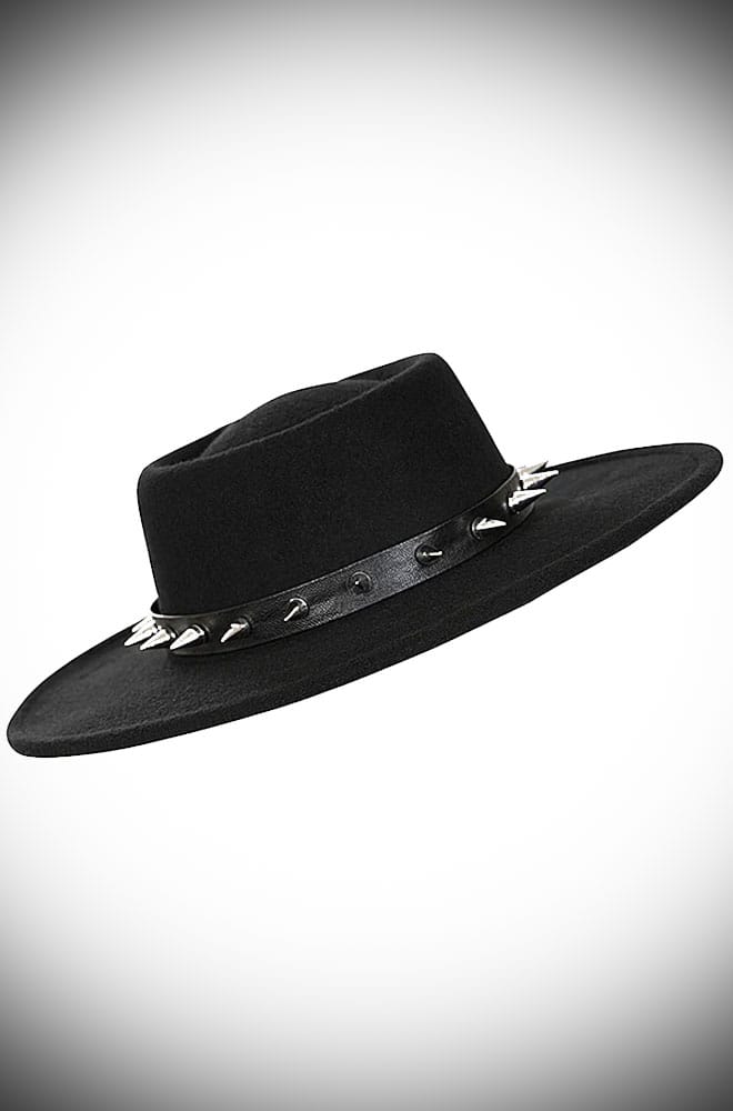 This Midnight Fedora is a striking blend of classic elegance and sass, featuring a timeless fedora silhouette, accented by a bold spike-studded band around the base. 