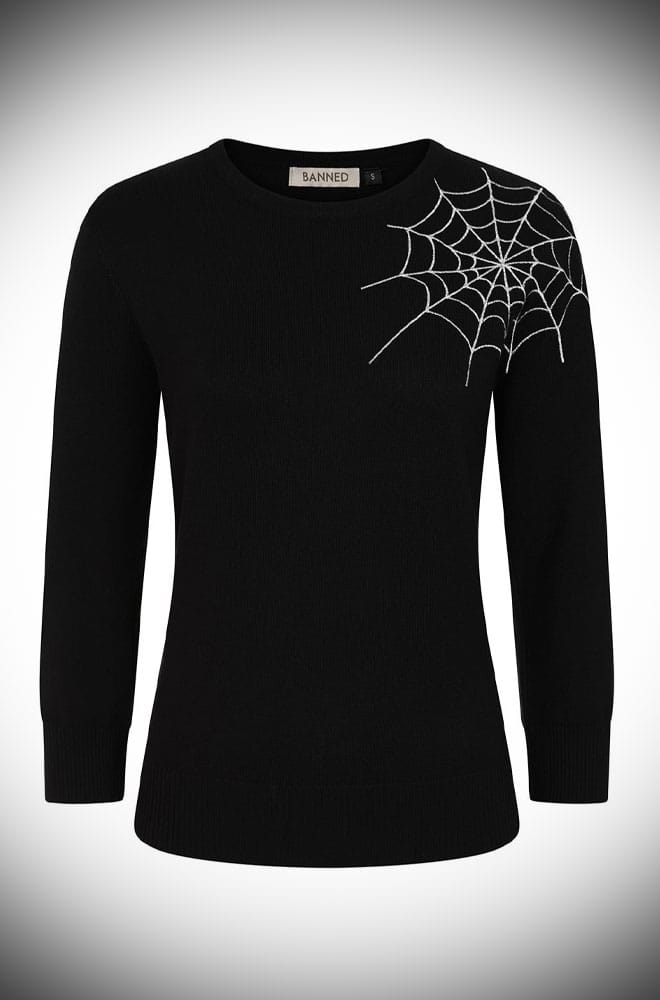 1940s vintage goth Spiderweb Jumper in black and silver - perfectly spooky and chic. Available now at Deadly is the Female