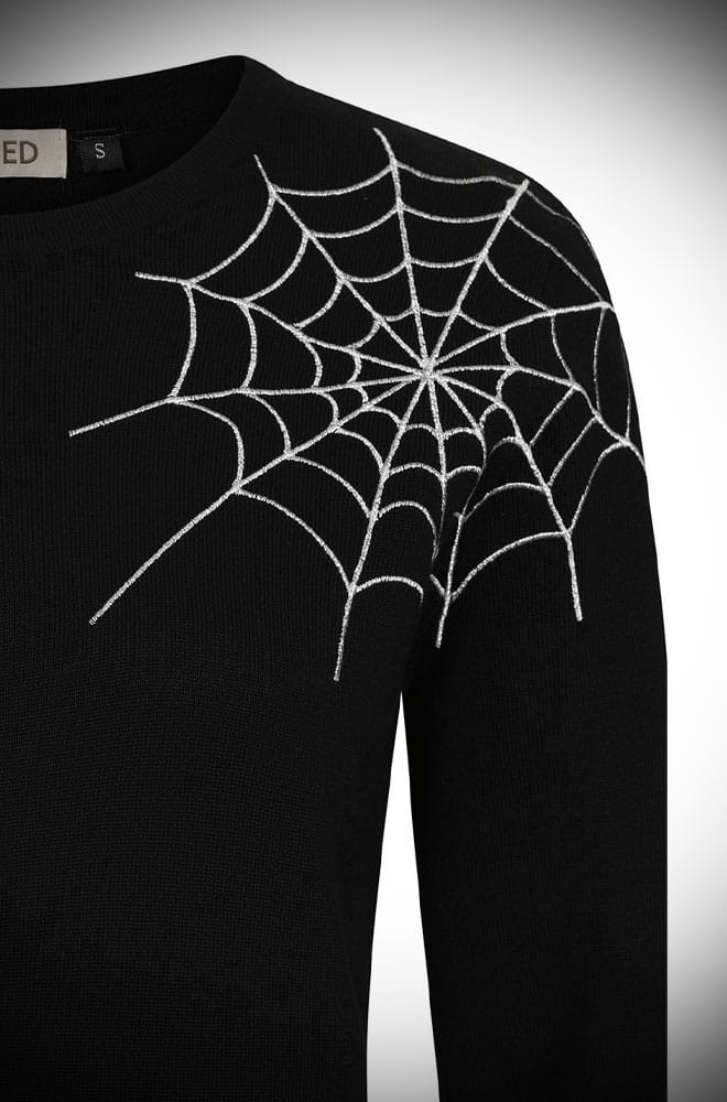 1940s vintage goth Spiderweb Jumper in black and silver - perfectly spooky and chic. Available now at Deadly is the Female