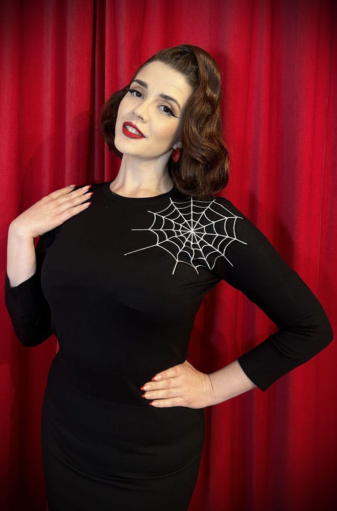 1940s vintage goth Spiderweb Jumper in black and silver - perfectly spooky and chic. Available now at Deadly is the Female