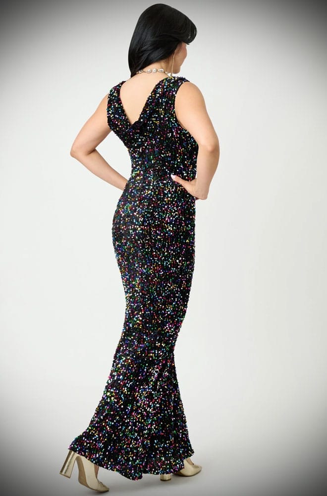 The Rainbow Sequin Goldwyn Gown is an absolute show-stopper. Blending old Hollywood glamour with multicoloured sequins, this dress is guaranteed to turn heads!
