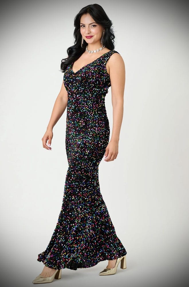 The Rainbow Sequin Goldwyn Gown is an absolute show-stopper. Blending old Hollywood glamour with multicoloured sequins, this dress is guaranteed to turn heads!