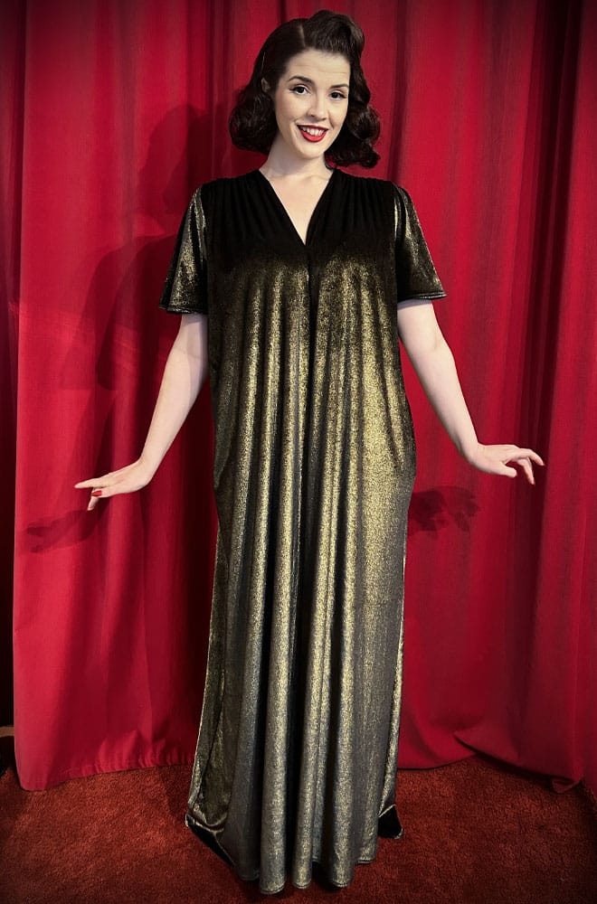 Gold Velvet Flutter Sleeve Claudia Gown - a draped velvet evening dress with sash waist. A signature piece by Alexandra King for Deadly is the Female.
