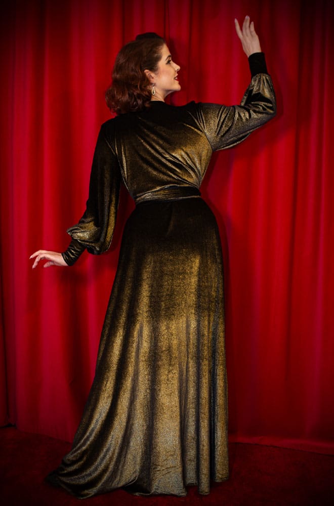 Gold Velvet Claudia Gown - a draped velvet evening dress with sash waist & bishop sleeves. A signature piece by Alexandra King for Deadly is the Female.