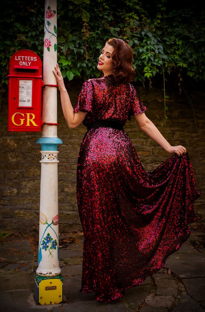 Ruby Sequin Claudia Gown - a one size 40s Film Noir loungewear-inspired evening gown. The shimmer & movement really have to be seen to be believed
