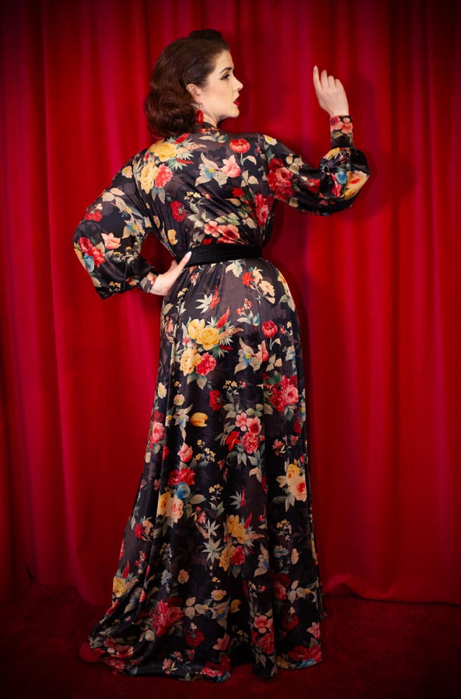 Winter Rose Velvet Claudia Gown - a velvet evening dress with sash waist & bishop sleeves. A signature piece by Alexandra King for Deadly is the Female