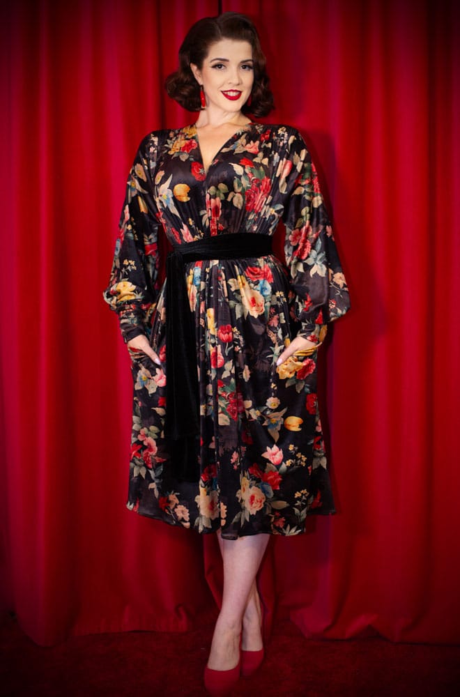 Winter Rose Velvet Claudia Dress - an evening dress with sash waist & bishop sleeves. A signature piece by Alexandra King for Deadly is the Female