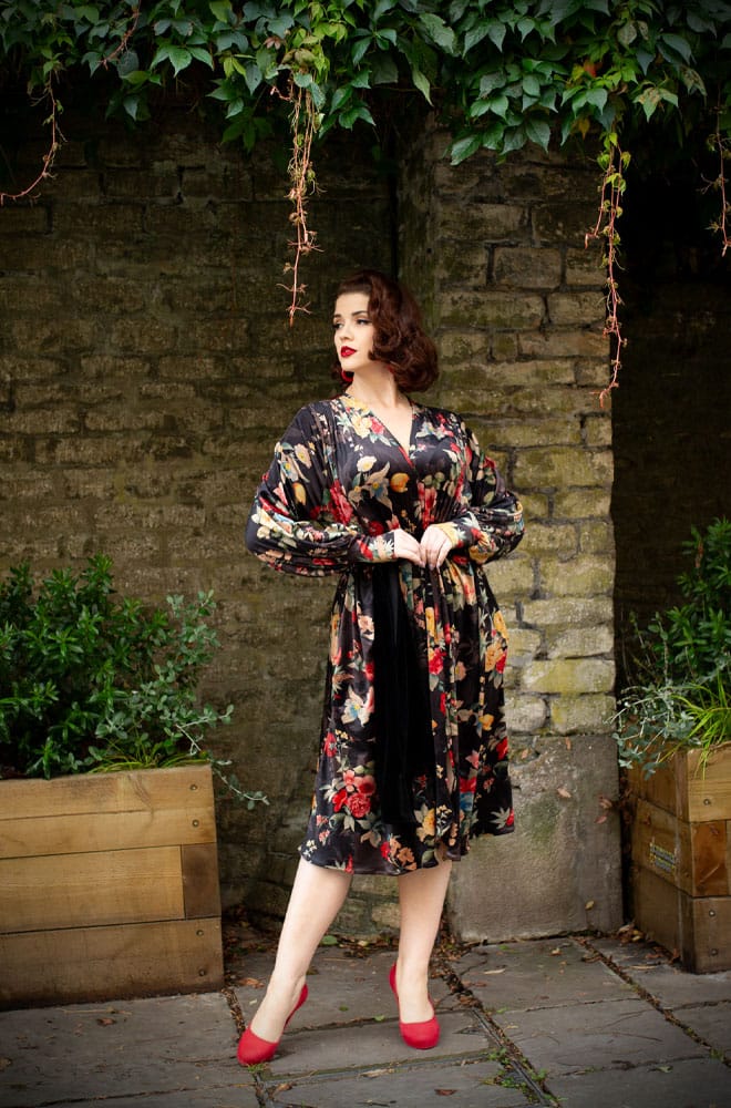 Winter Rose Velvet Claudia Dress - an evening dress with sash waist & bishop sleeves. A signature piece by Alexandra King for Deadly is the Female