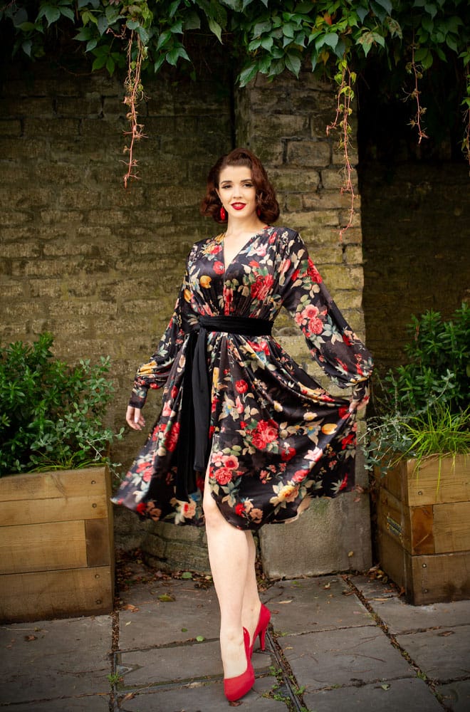 Winter Rose Velvet Claudia Dress - an evening dress with sash waist & bishop sleeves. A signature piece by Alexandra King for Deadly is the Female