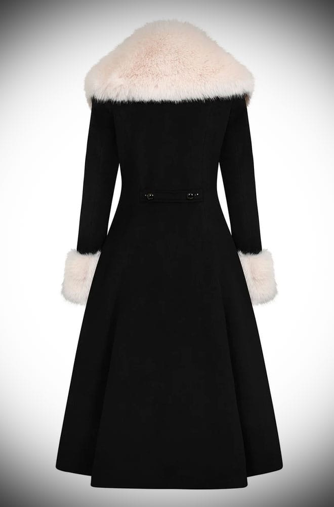 The glamour! The Fur Collar Swing Coat is a stunning vintage-inspired coat in black with luxurious ivory fur at the collar and cuffs. 