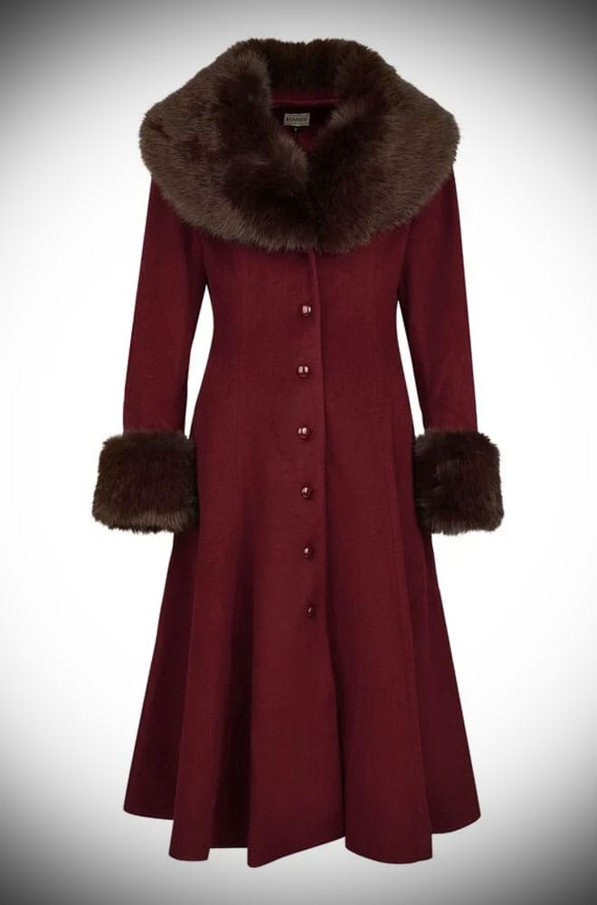 Burgundy Faux Fur Collar Swing Coat