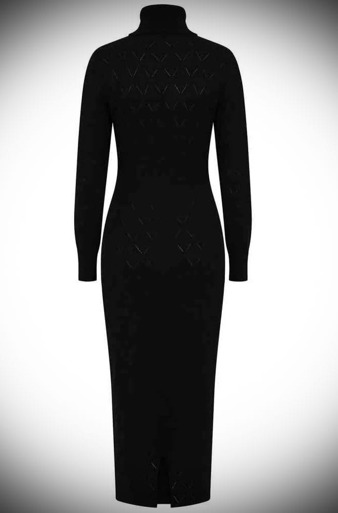 The Ada Knitted Wiggle Dress is a super soft pencil dress in a subtle diamond lace knit. This cosy but vampy roll neck, long sleeve dress is perfect for the cold months. 