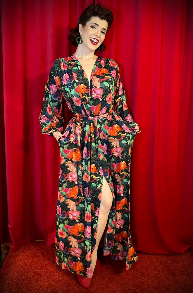 The Country Garden Claudia Gown is a 40s style, one-size dress with sash waist. A signature piece by Alexandra King for Deadly is the Female.